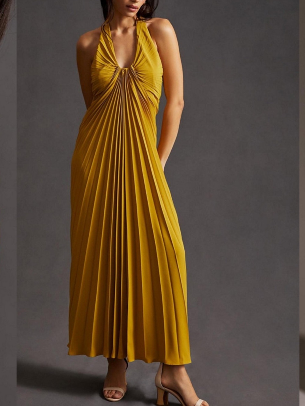 Anthropologie Mustard Halter Pleated Midi Dress